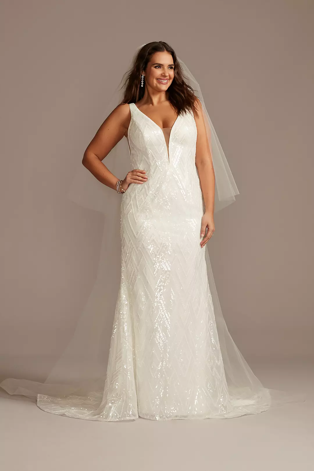 Geometric Beaded Illusion Plunge Wedding Dress - Image 26