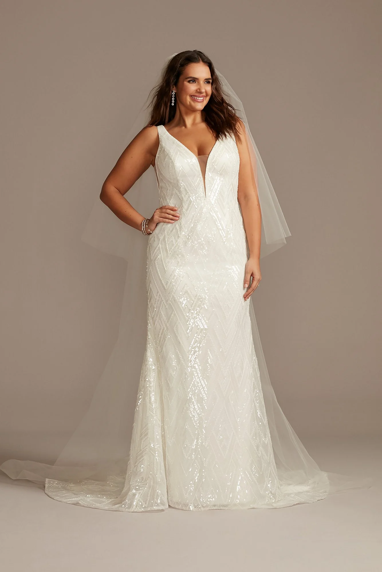 Geometric Beaded Illusion Plunge Wedding Dress - Image 3