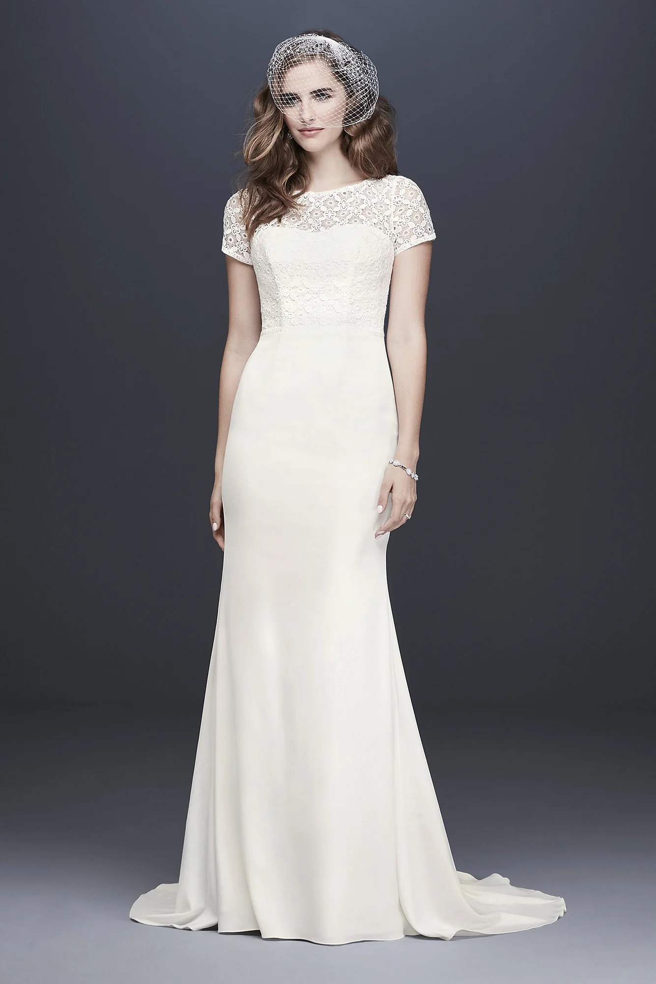 Geometric Lace and Crepe Cap Sleeve Wedding Dress