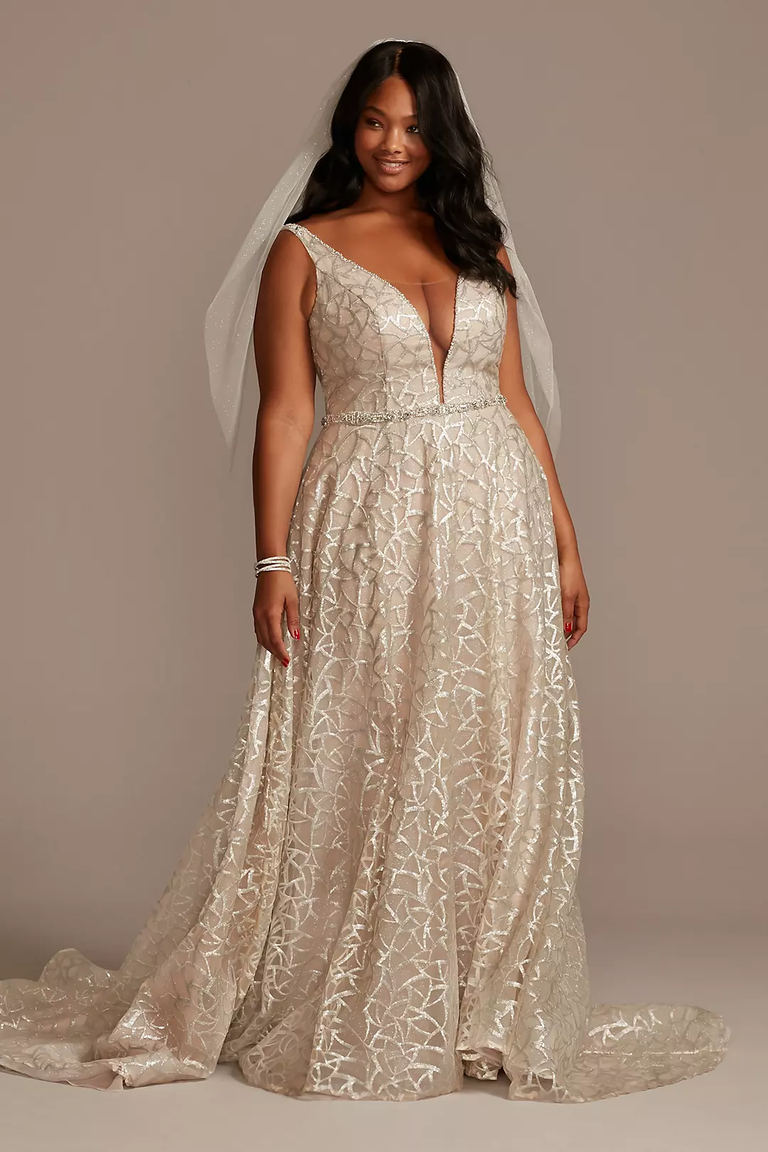 Geometric Sequin Illusion Plunge Wedding Dress - Image 15
