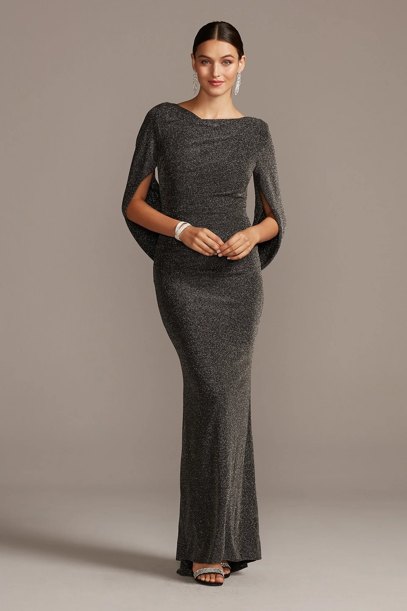 Glitter Accent Drape Sleeve Stretch Sheath Dress - Image 4