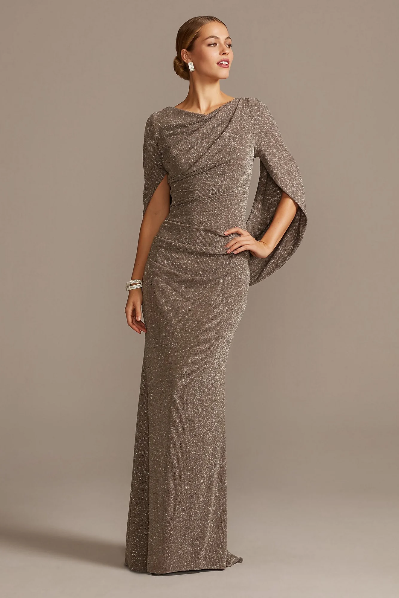 Glitter Accent Drape Sleeve Stretch Sheath Dress - Image 5