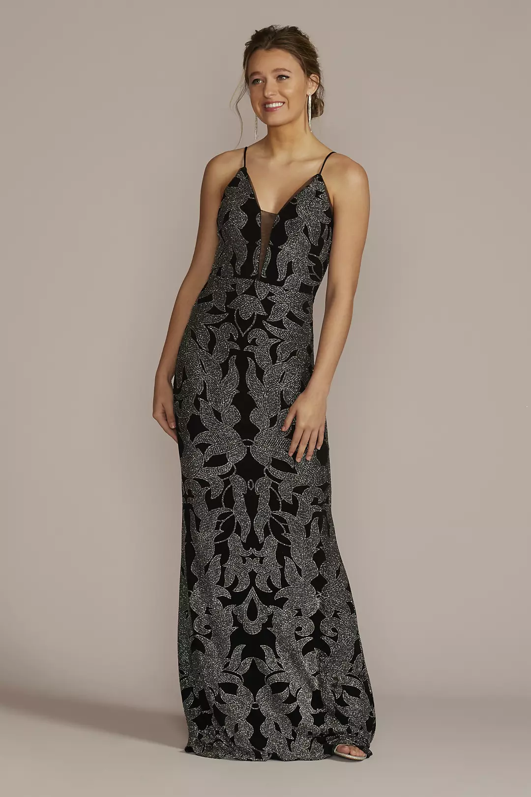 Glitter Brocade Sheath Gown with Illusion Plunge - Image 4