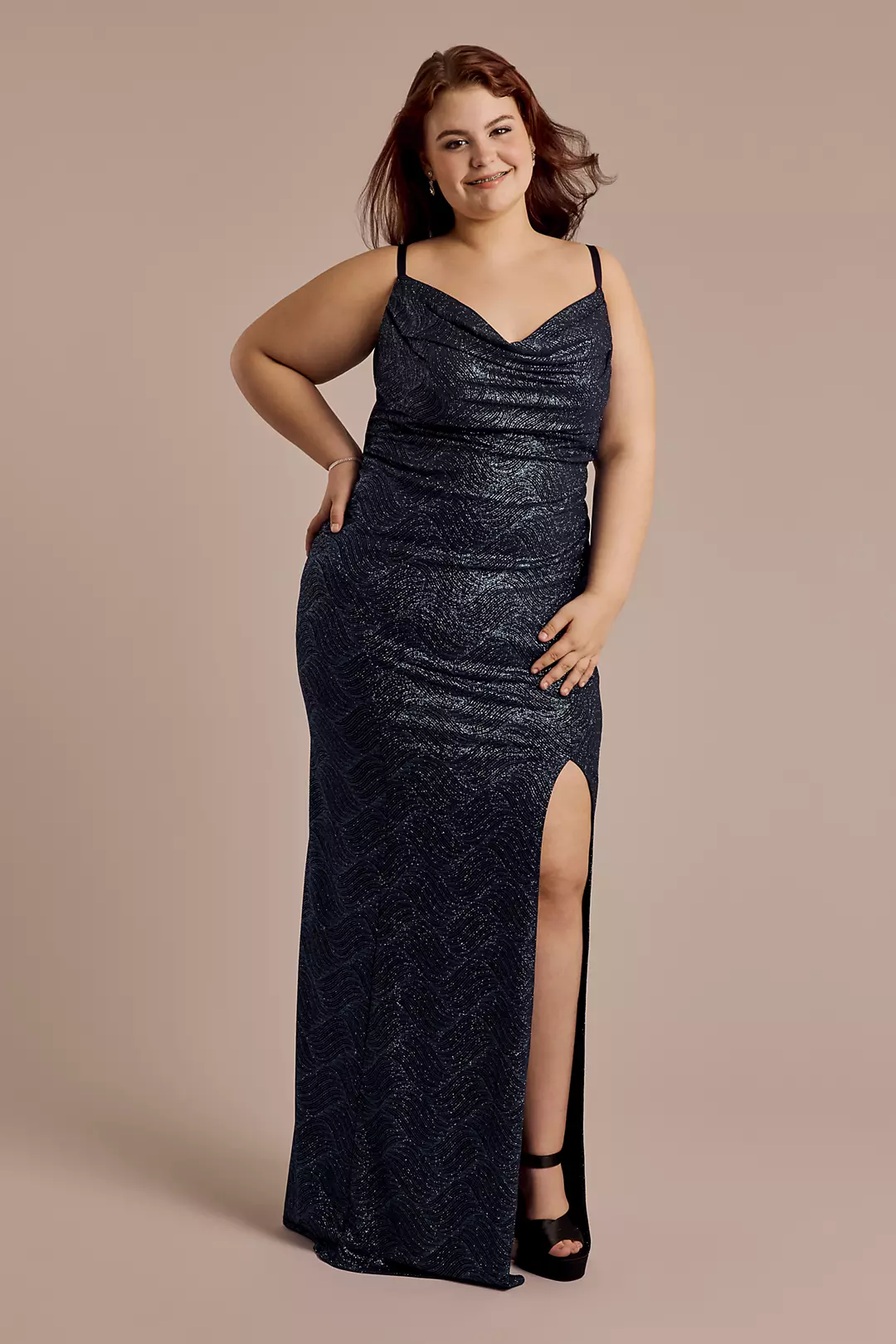 Glitter Cowl Neck Sheath Dress with Skirt Slit - Image 4