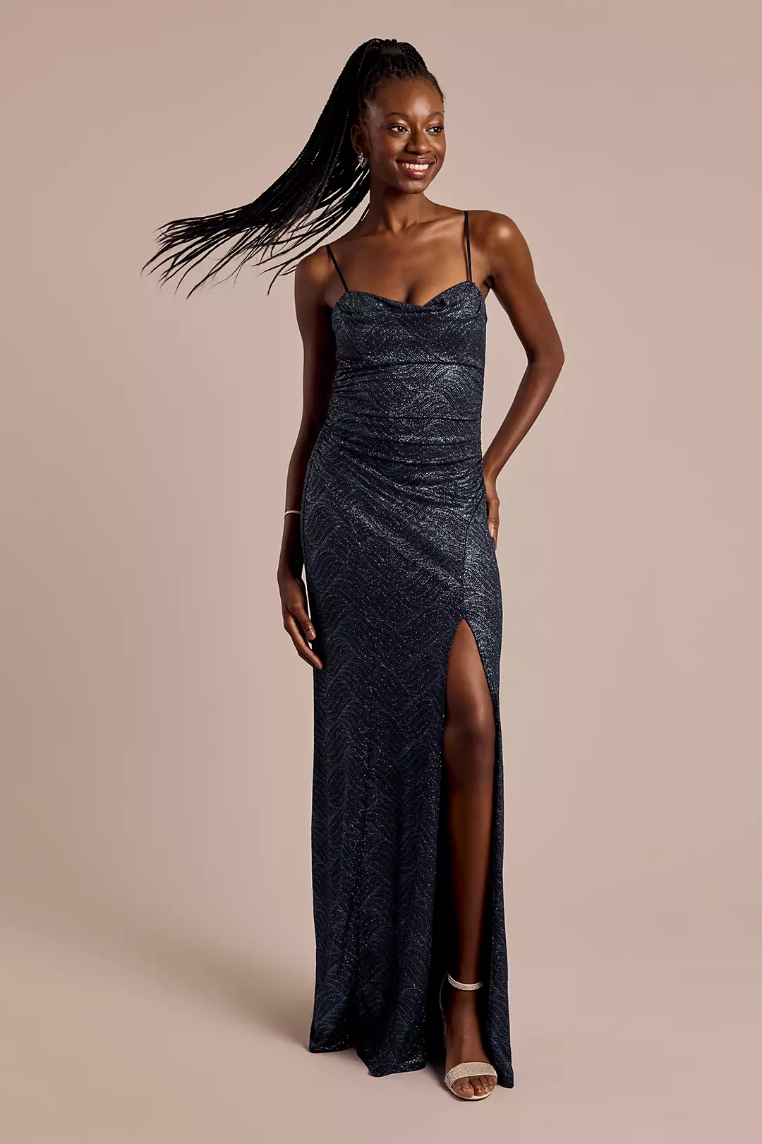 Glitter Cowl Neck Sheath Dress with Skirt Slit - Image 6