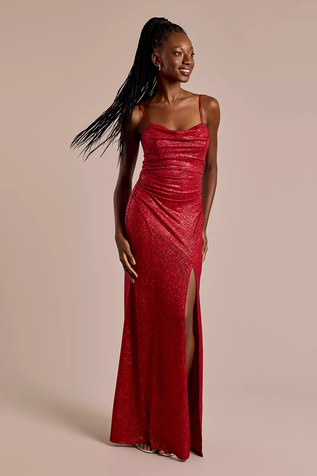 Glitter Cowl Neck Sheath Dress with Skirt Slit - Image 7