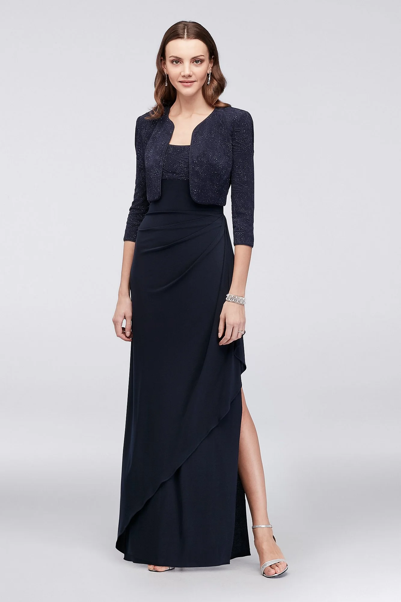 Glitter-Dusted Mesh Sheath Dress and Jacket