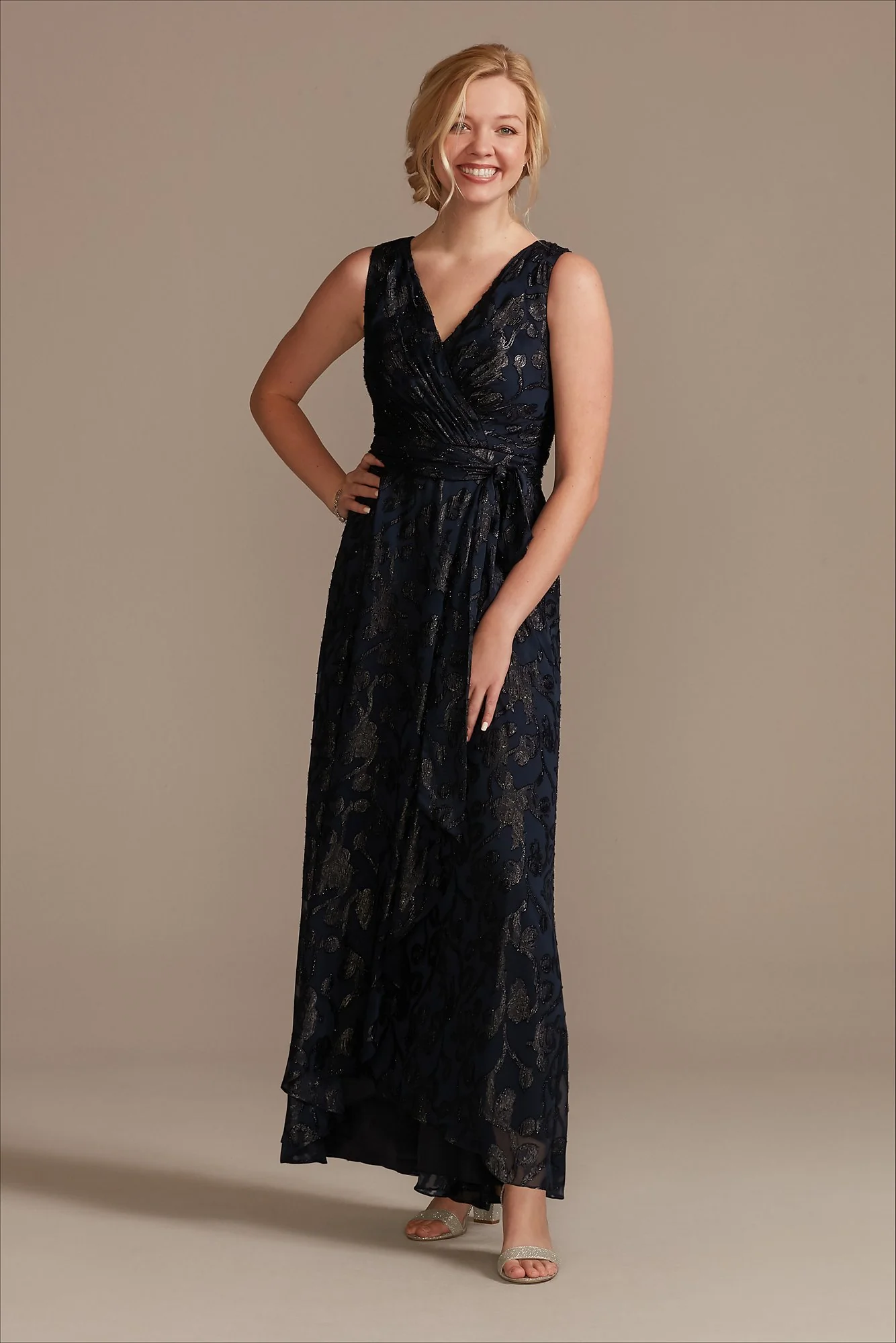 Glitter Floral Sleeveless A-Line Dress with Tie