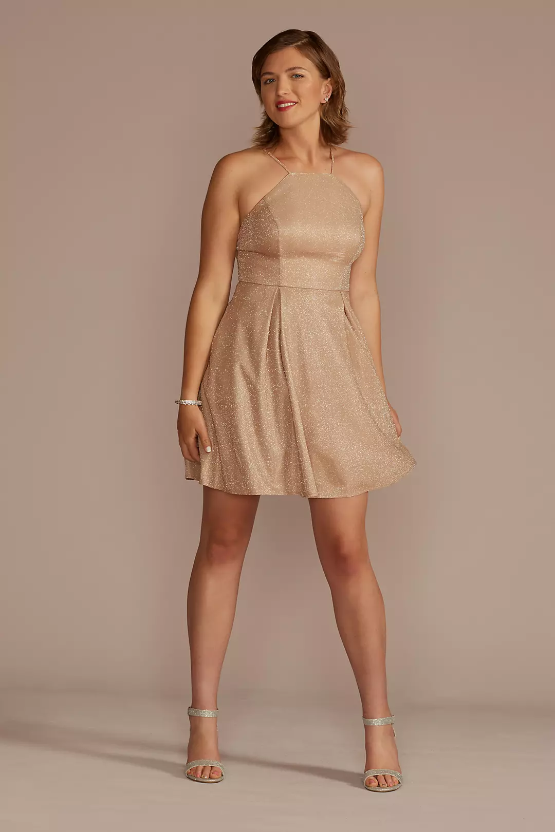 Glitter High-Neck Short A-Line Dress - Image 6