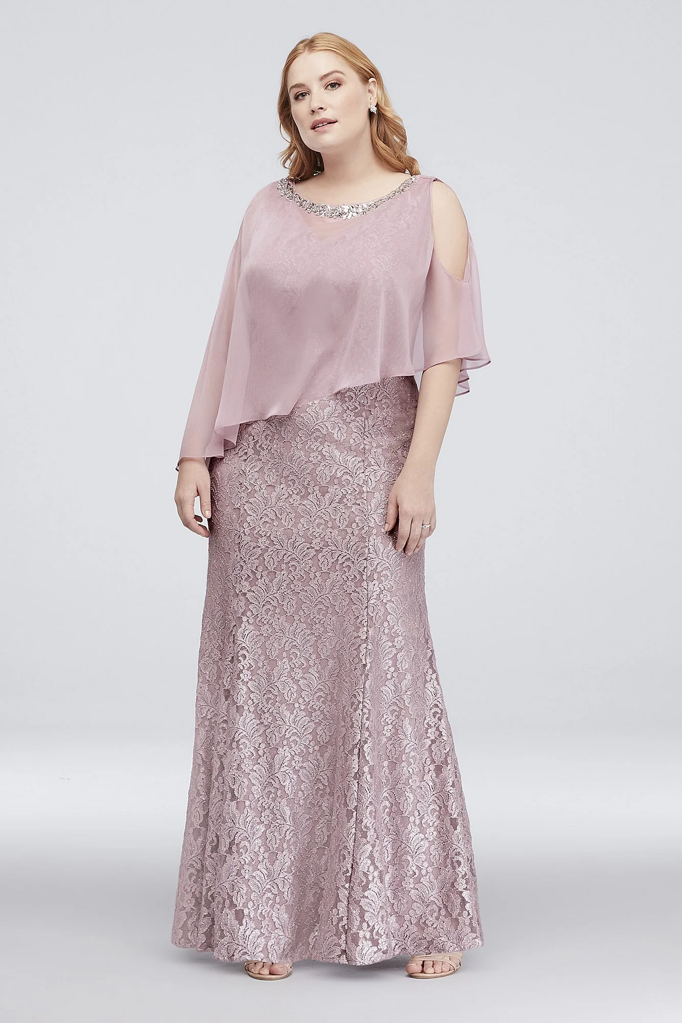 Glitter Lace Mermaid Dress with Chiffon Capelet - Image 2