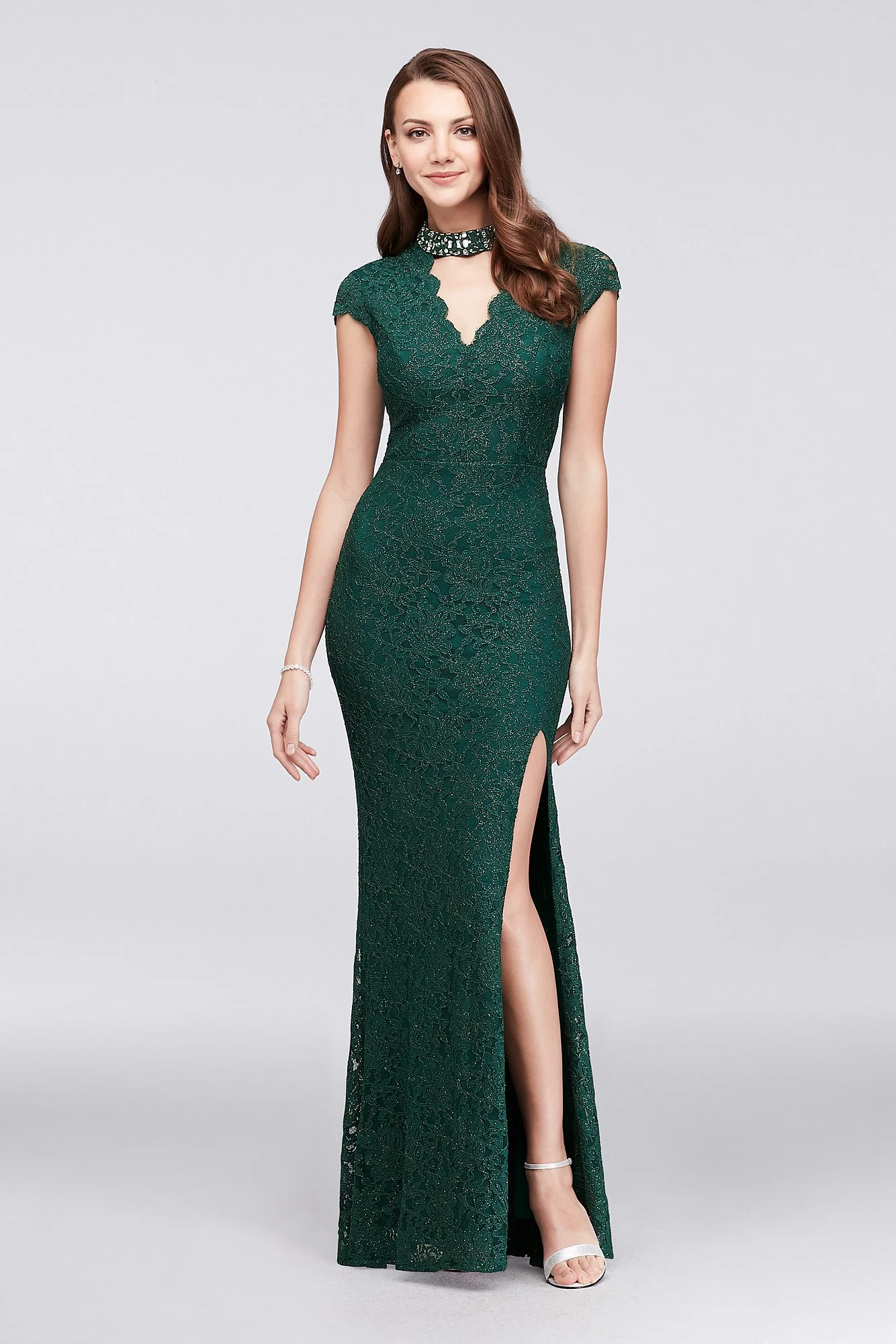 Glitter Lace Mermaid Gown with Gem Neckline - Image 2
