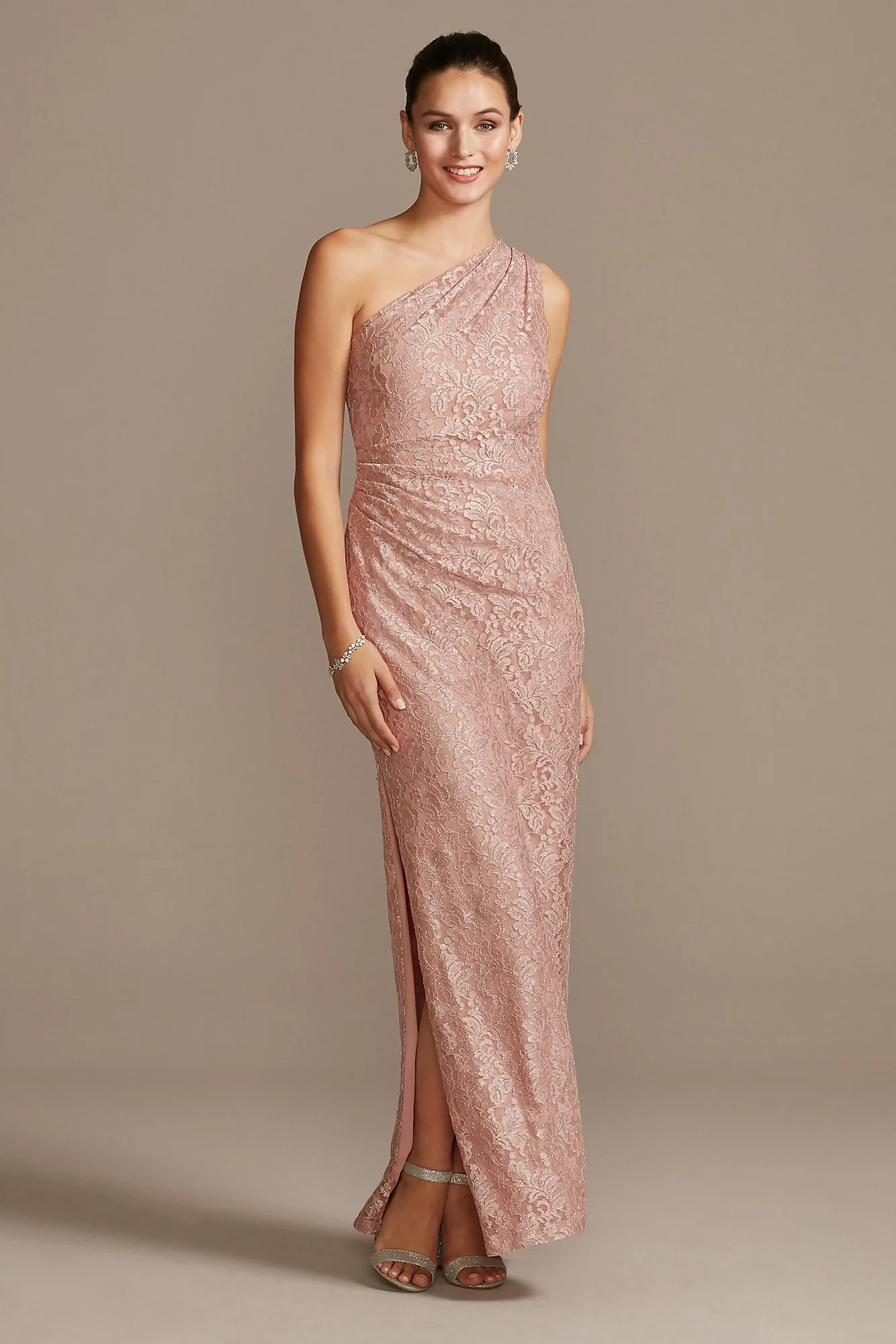 Glitter Lace One Shoulder Gown with Side Slit