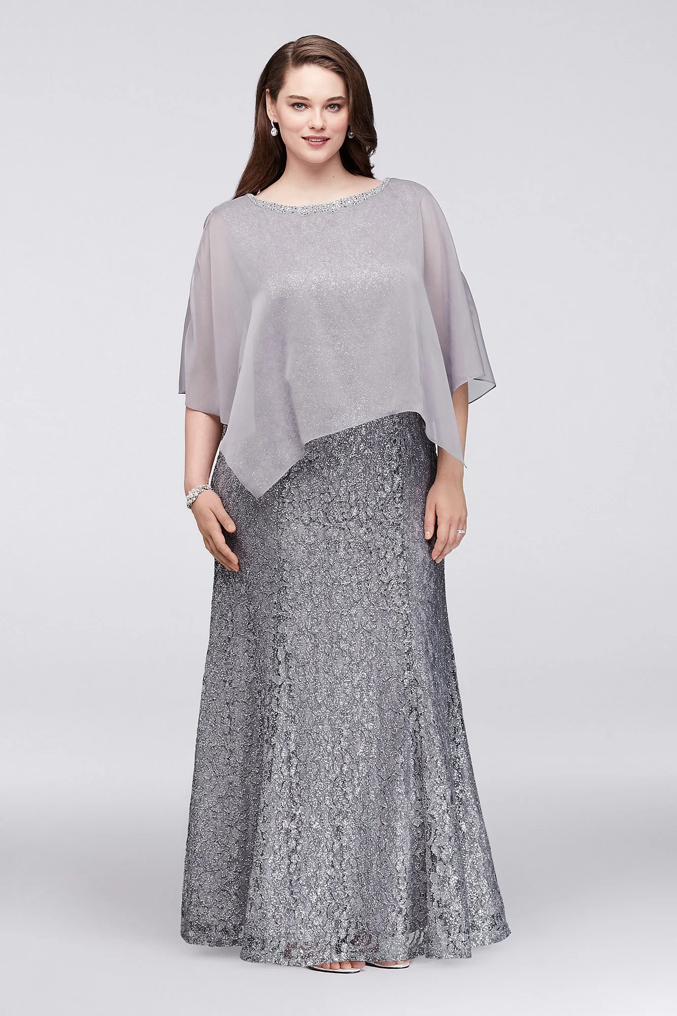 Glitter Lace Plus Size Gown with Chiffon Capelet