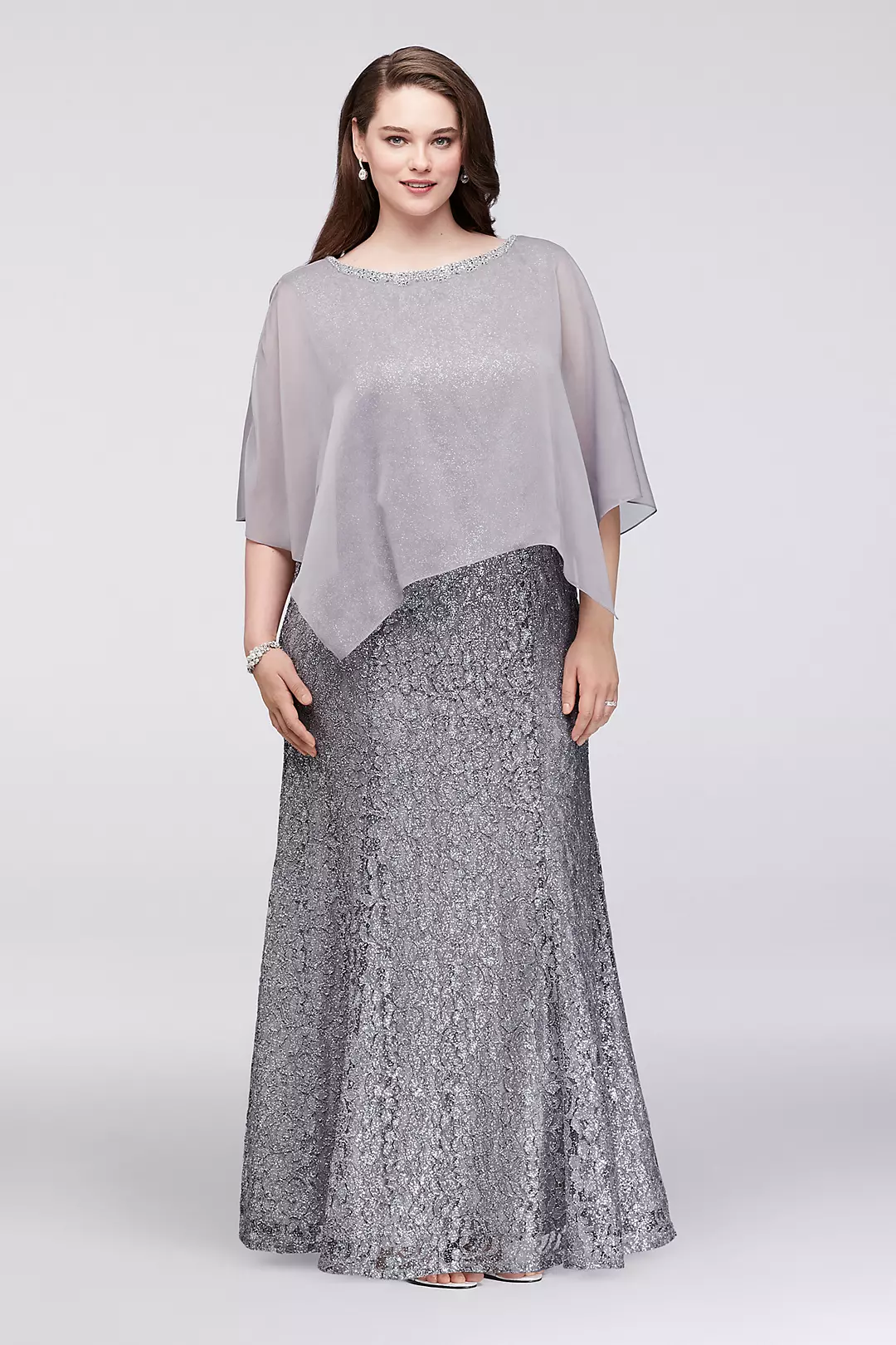 Glitter Lace Plus Size Gown with Chiffon Capelet - Image 2