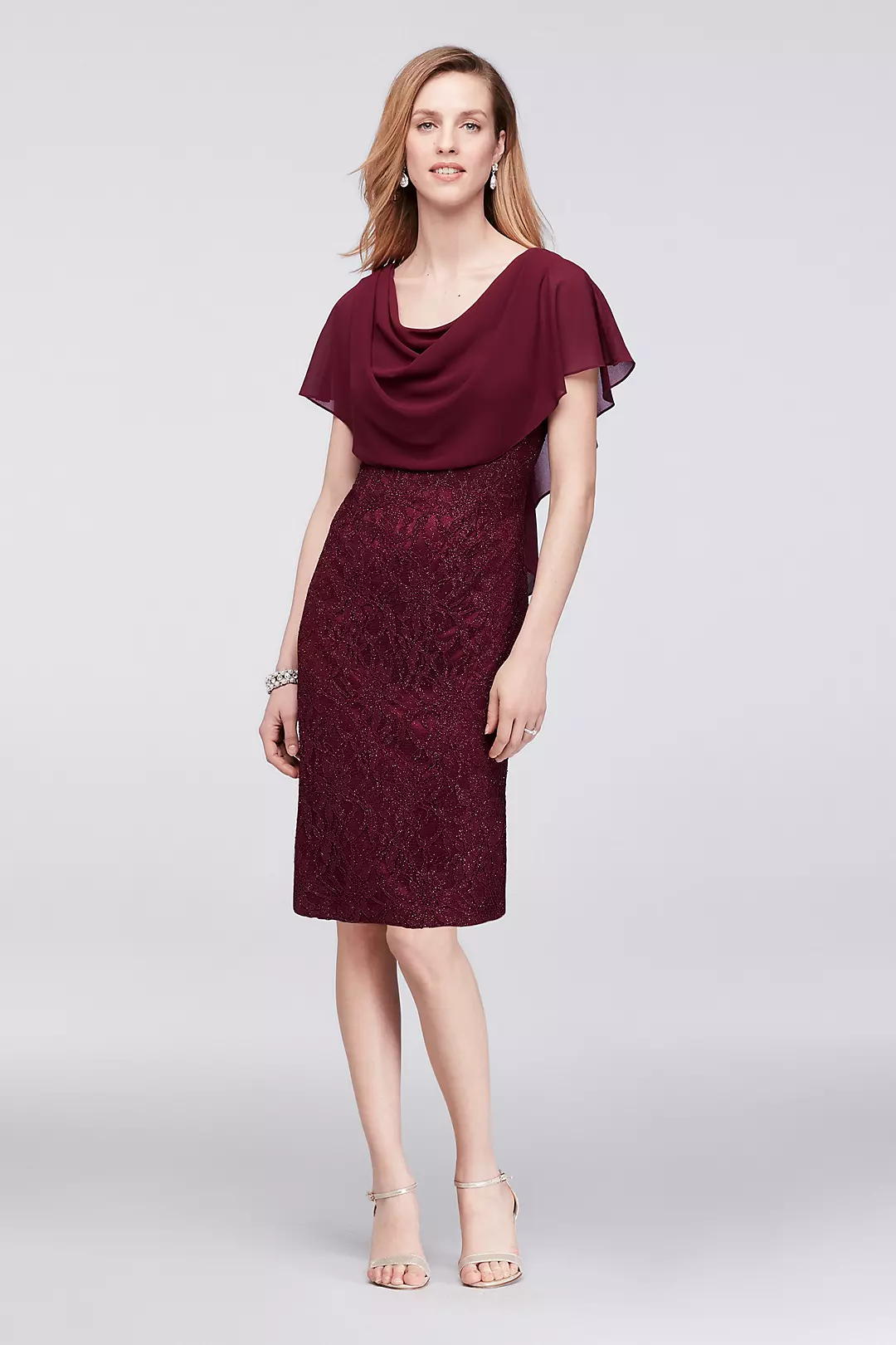 Glitter Lace Sheath Dress with Attached Capelet - Image 8