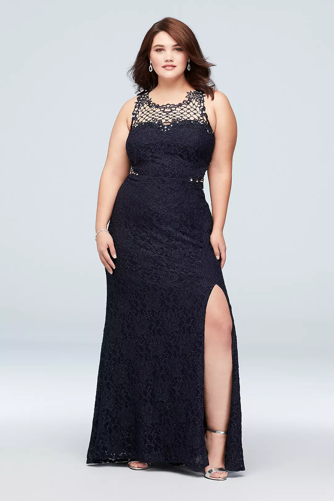Glitter Lace Sheath Gown with Geometric Neckline - Image 14