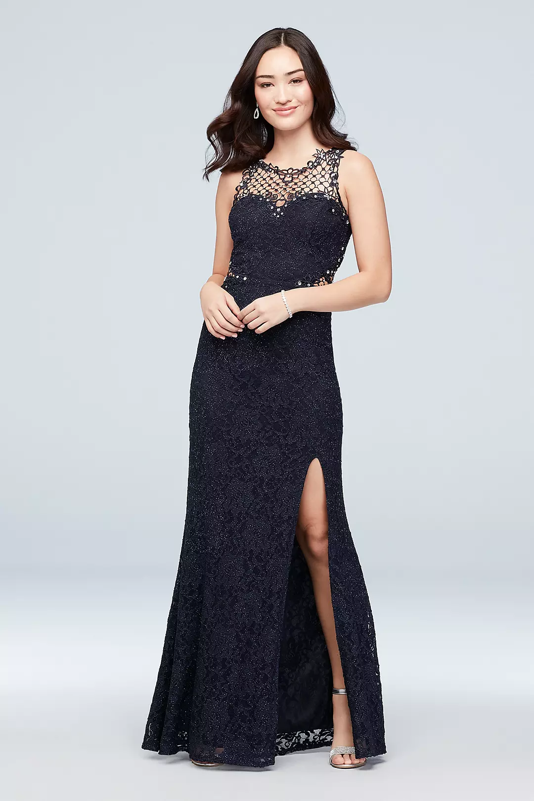 Glitter Lace Sheath Gown with Geometric Neckline - Image 8