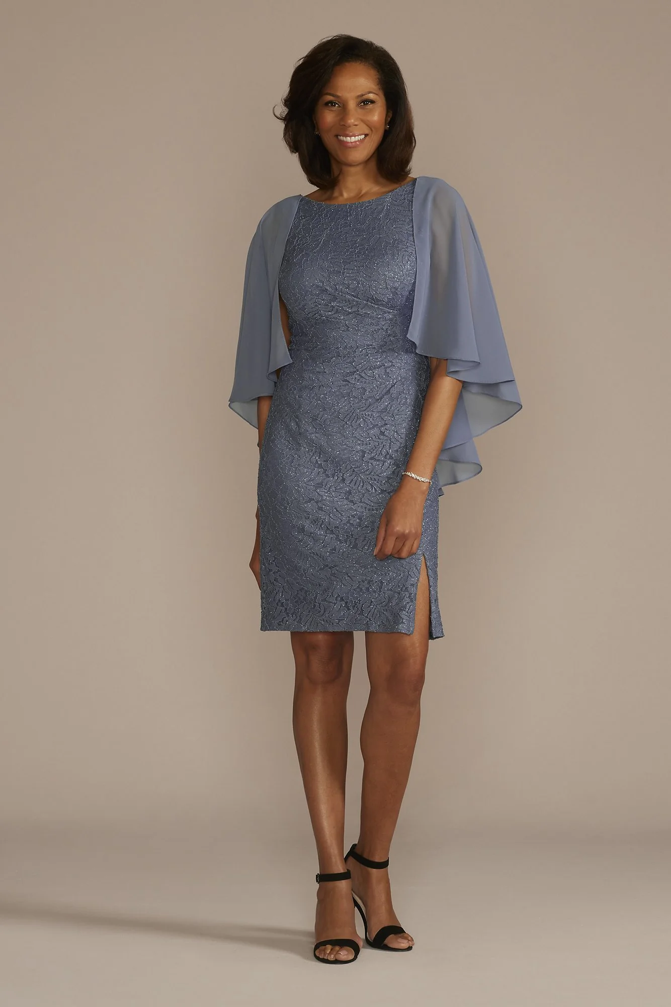 Glitter Lace Sheath Tank Dress with Capelet - Image 3