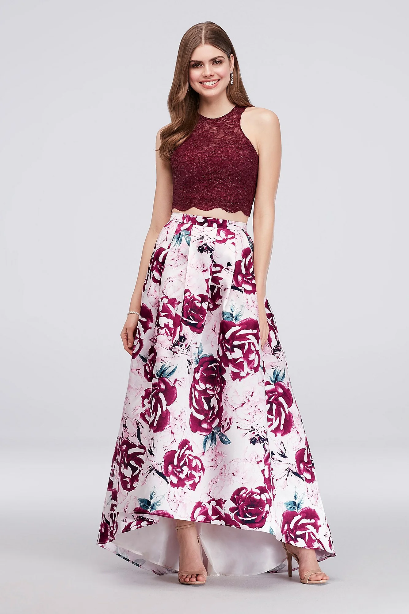 Glitter Lace Two-Piece Ball Gown with Floral Skirt - Image 2