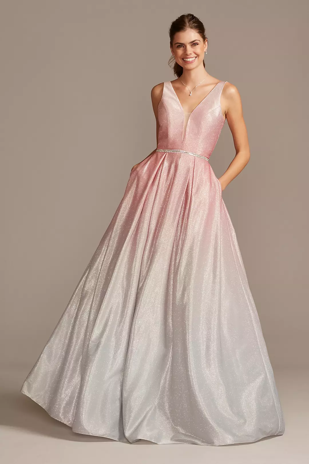 Glitter Ombre Deep-V Gown with Crystal Belt - Image 2