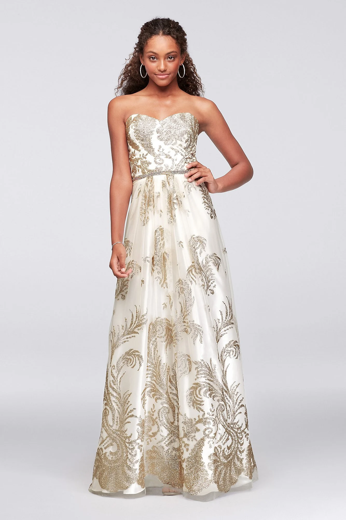 Glitter-Print Mesh Ball Gown with Beaded Waist
