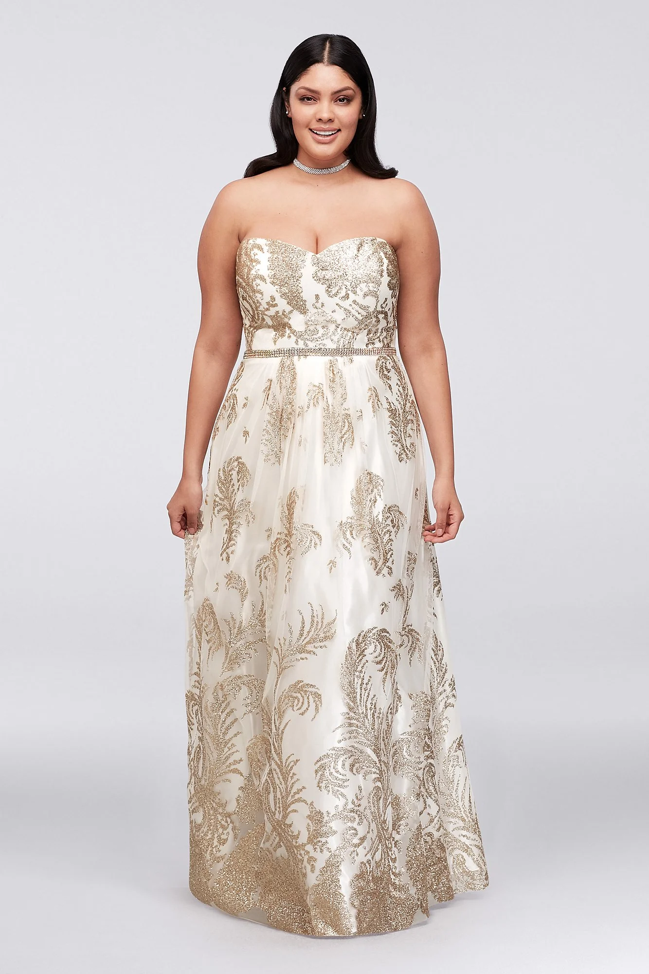 Glitter-Print Mesh Ball Gown with Beaded Waist - Image 2