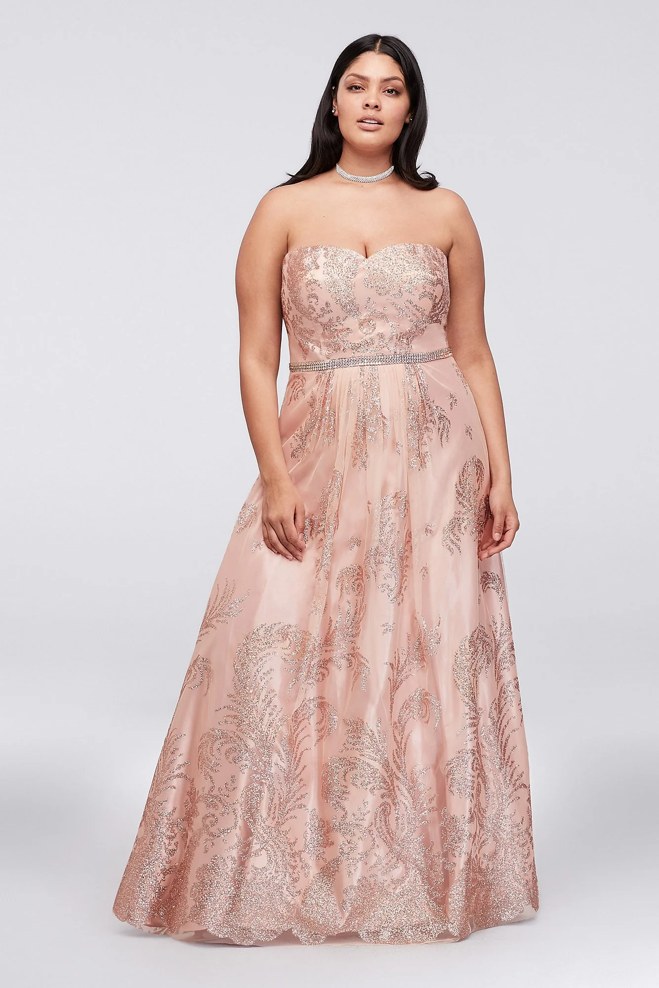 Glitter-Print Mesh Ball Gown with Beaded Waist - Image 3