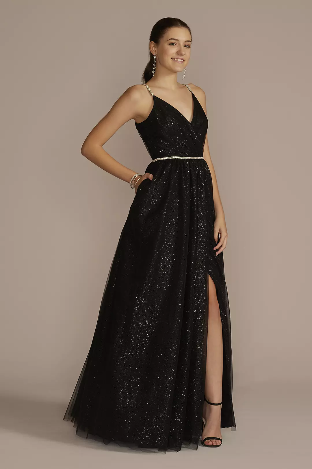 Glitter Tulle Ball Gown with Embellished Trim - Image 2