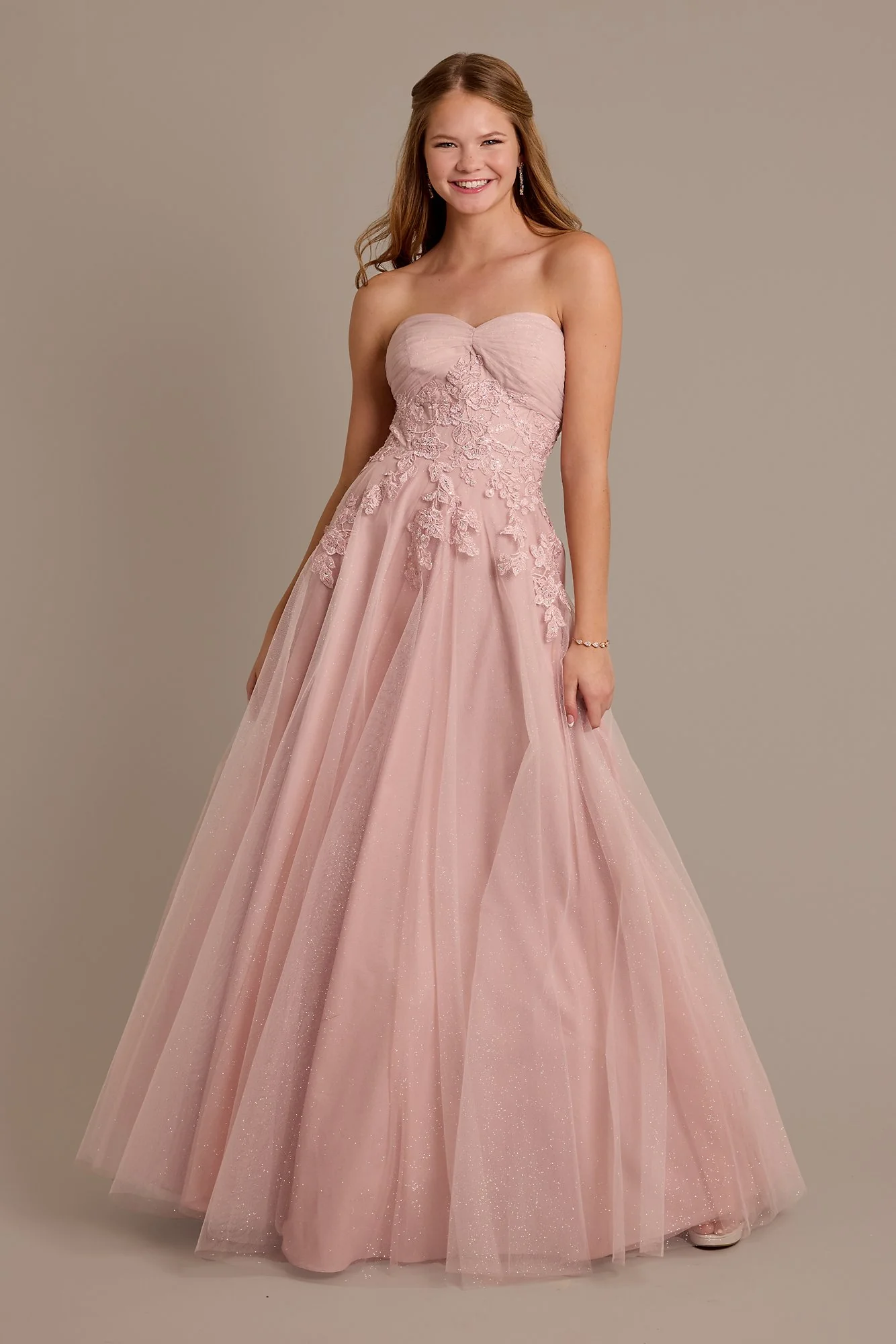 Glitter Tulle Ball Gown with Floral Appliques