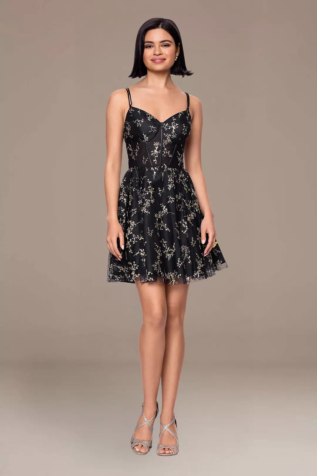 Glittered Floral Lace-Up Back A-Line Mini Dress