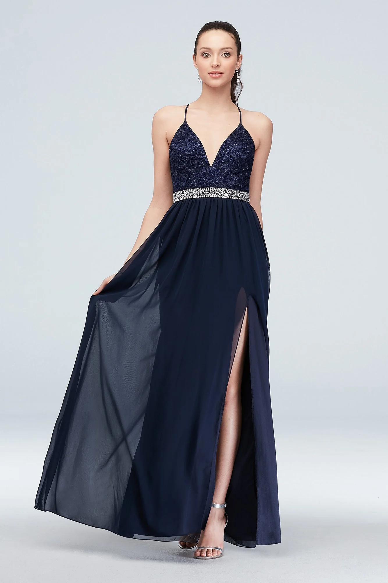 Glittery Lace Deep-V Skinny-Strap Dress with Belt - Image 2