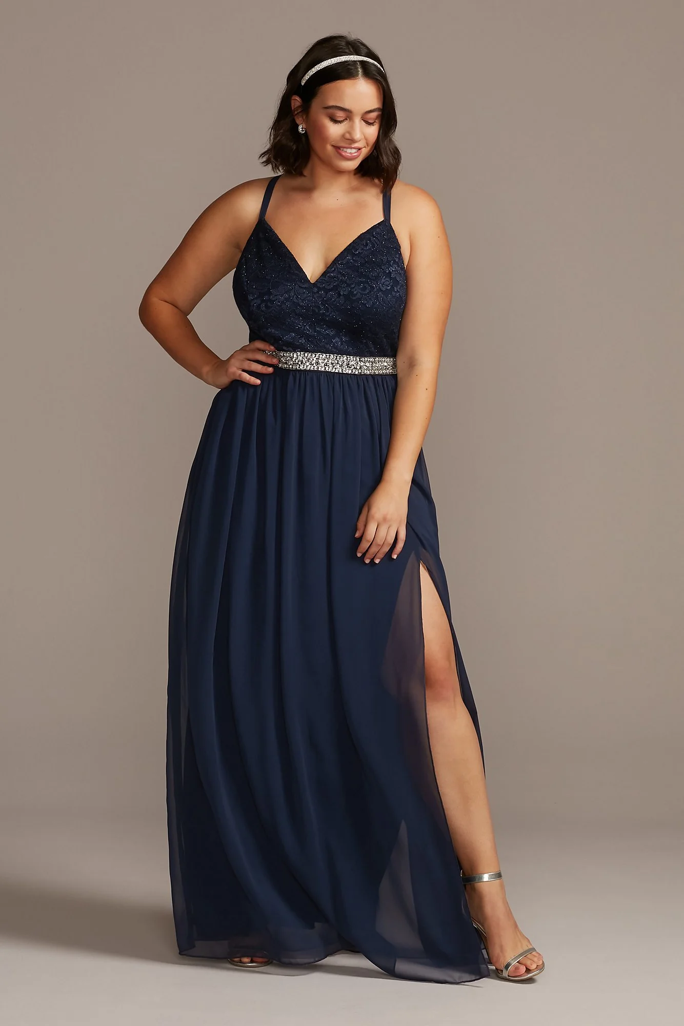 Glittery Lace Deep-V Skinny-Strap Dress with Belt - Image 3