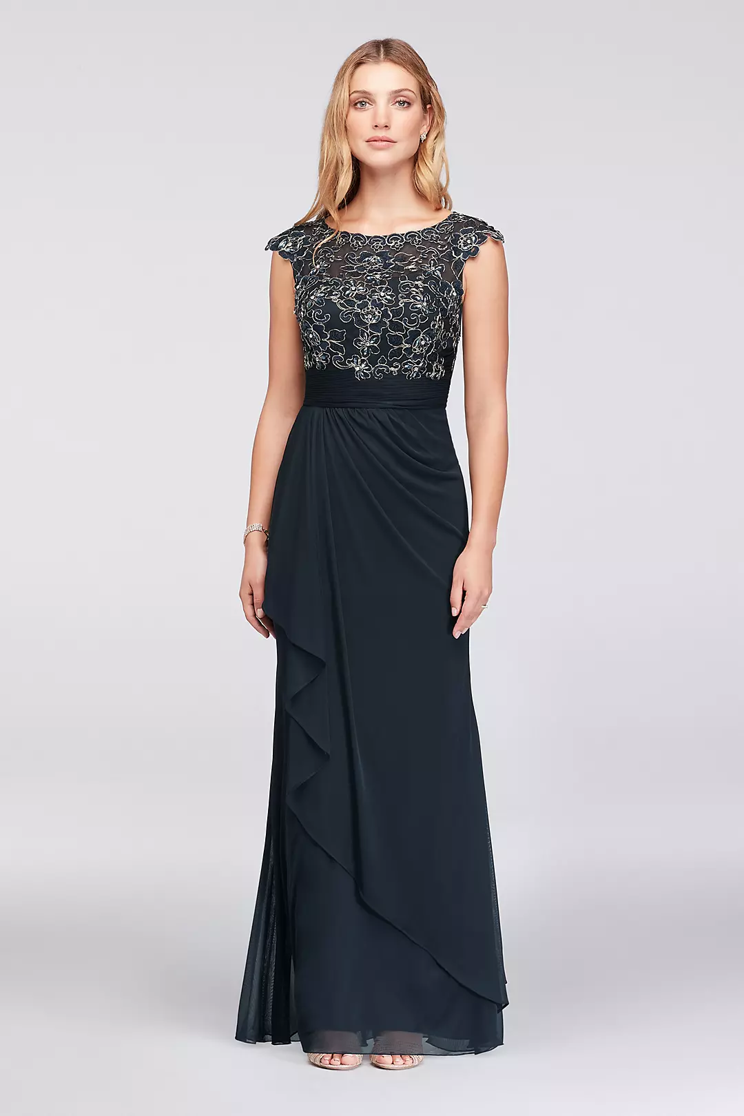 Gold-Edge Lace and Mesh Cap Sleeve Sheath Gown - Image 2