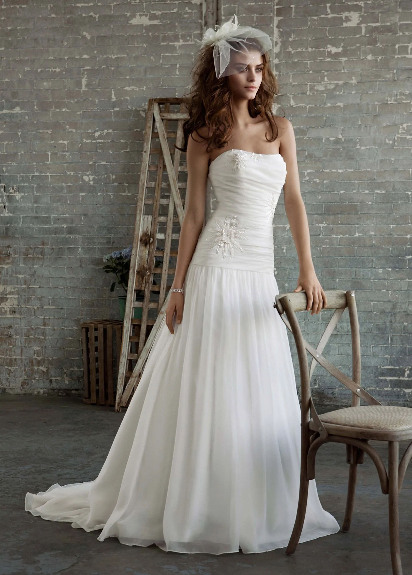 Gossamer Gown with Drop Waist and Floral Appliques