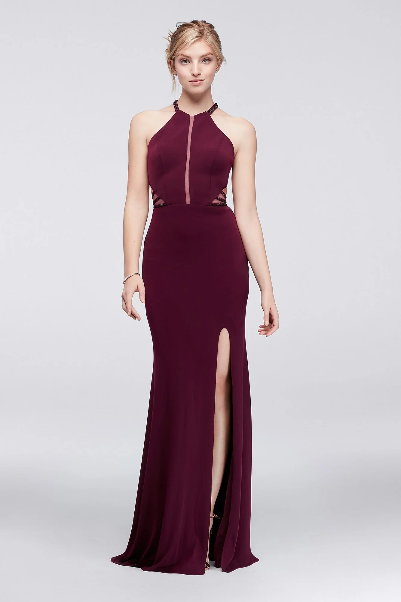 Halter Jersey Dress with Beaded Illusion Cutouts