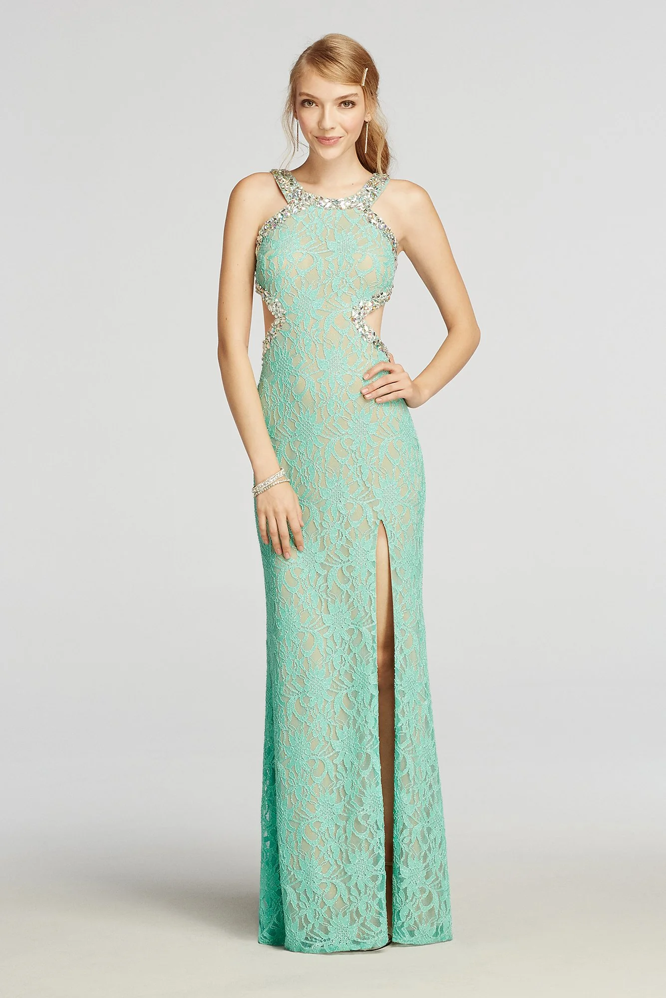 Halter Lace Prom Dress with Beaded Cut Outs - Image 2