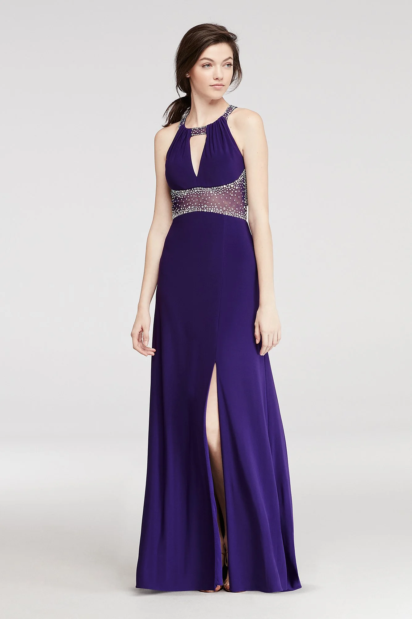 Halter Prom Dress with Beaded Illusion Waist