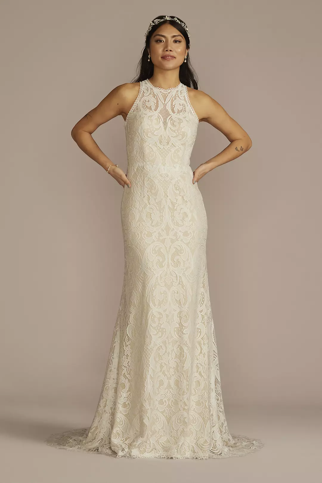 Halter Neck Button Back Allover Lace Wedding Dress - Image 16