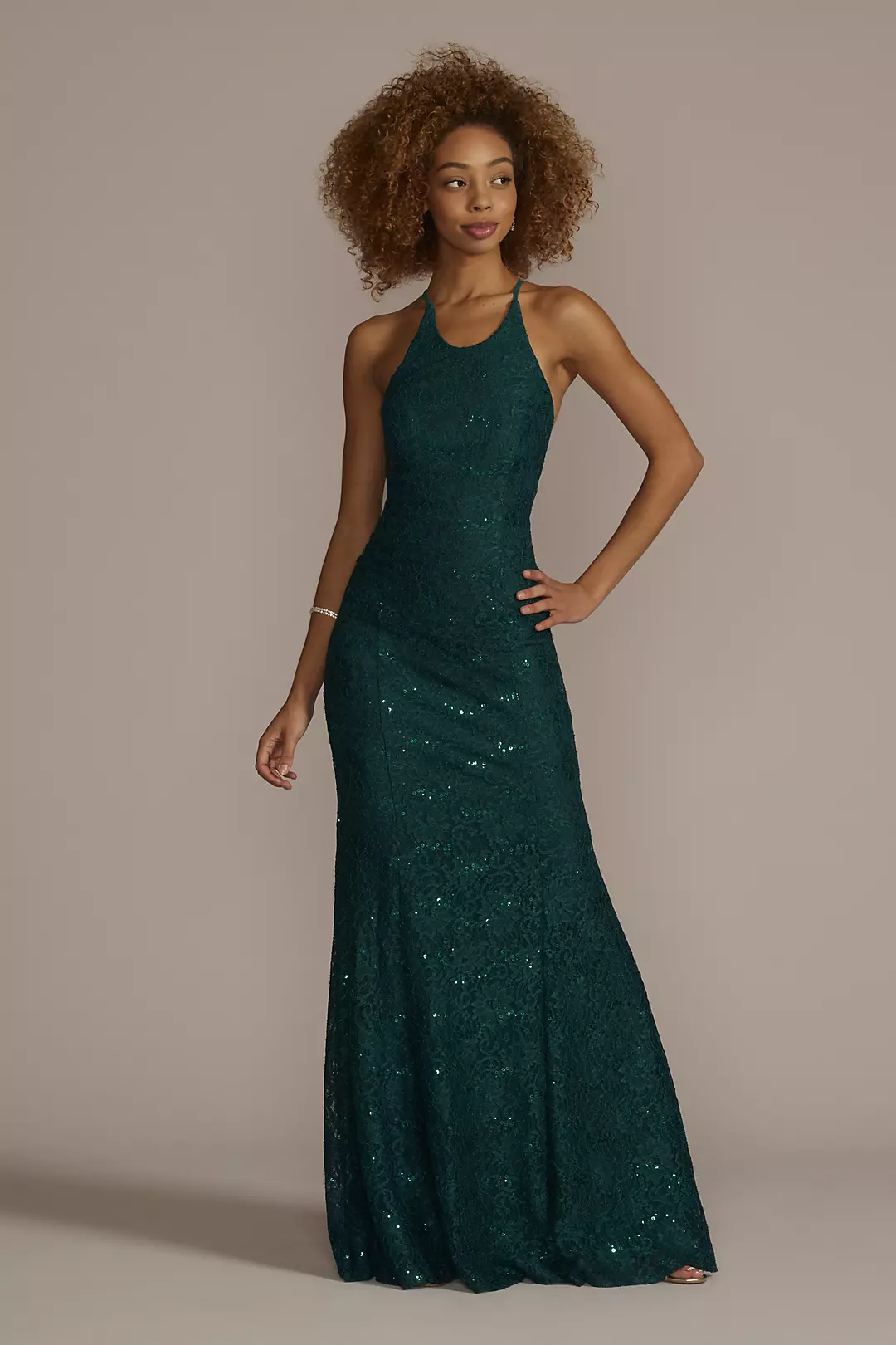 Halter Neck Glitter Lace Mermaid Gown with Godets - Image 2