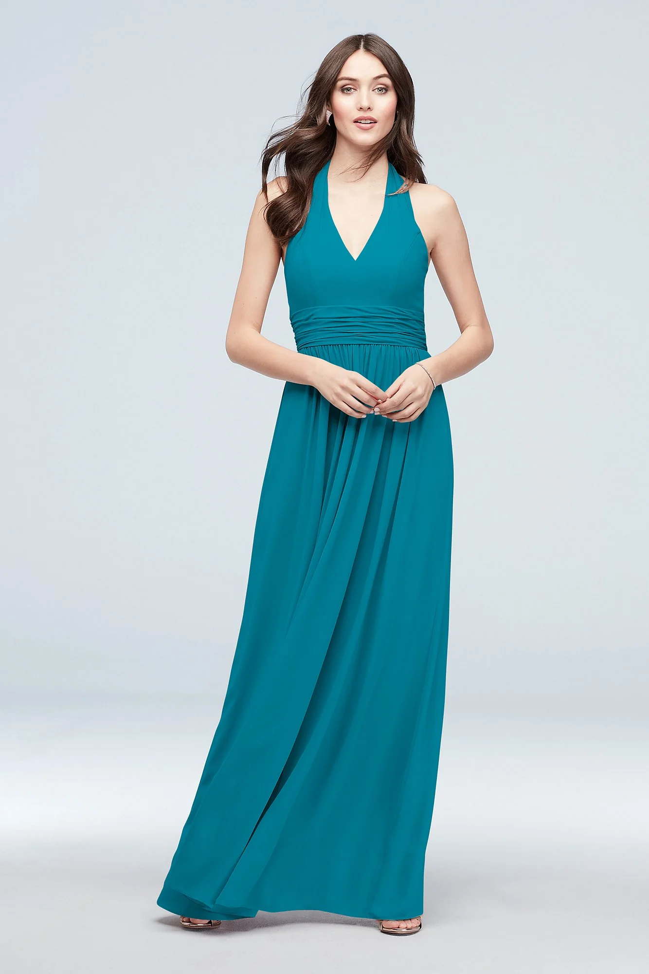 Halter Ruched Waist Georgette Bridesmaid Dress - Image 62