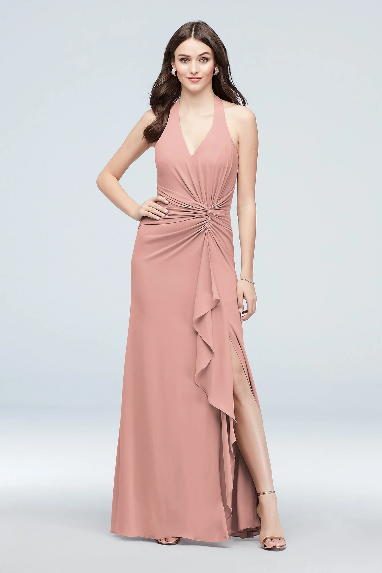 Twisted Knot Halter Georgette Bridesmaid Dress - Image 65