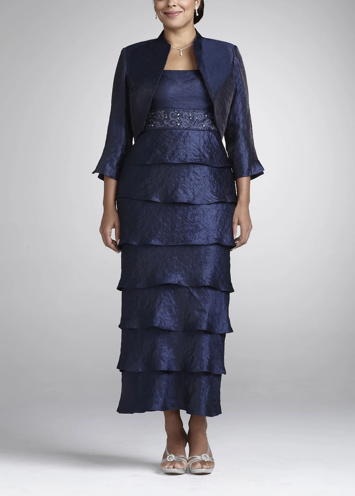 Hammered Shimmer Tiered Dress with Bolero
