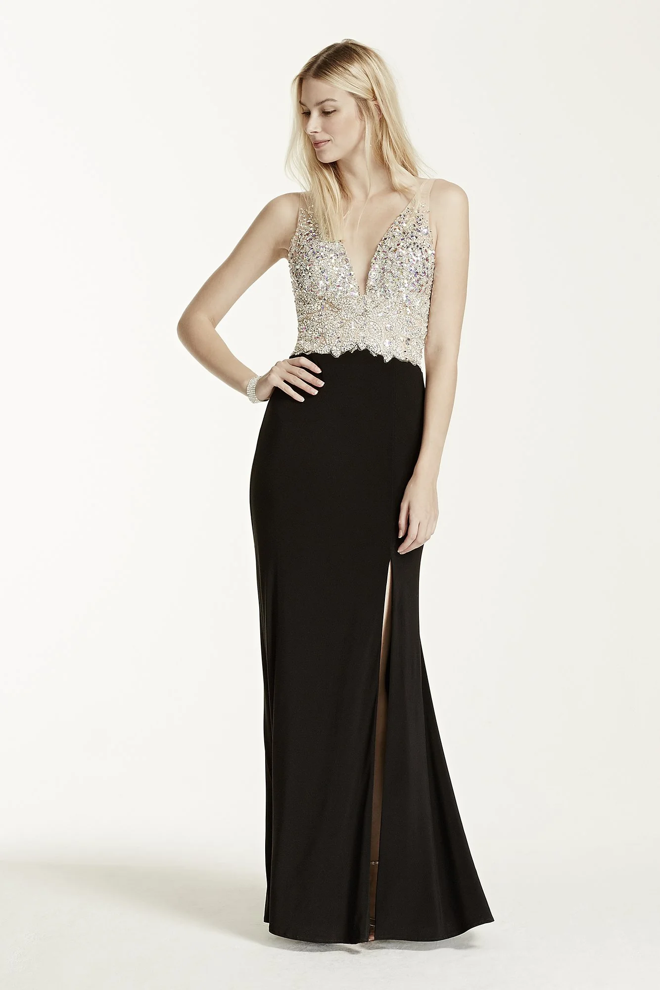 Heavily Beaded Bodice Plunge Neckline Jersey Dress