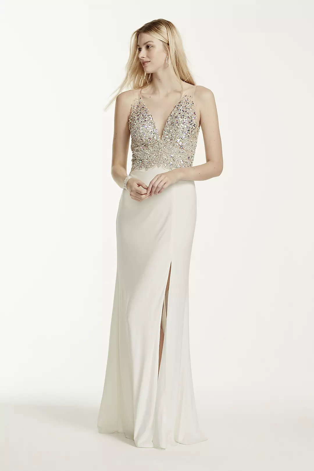 Heavily Beaded Bodice Plunge Neckline Jersey Dress - Image 3