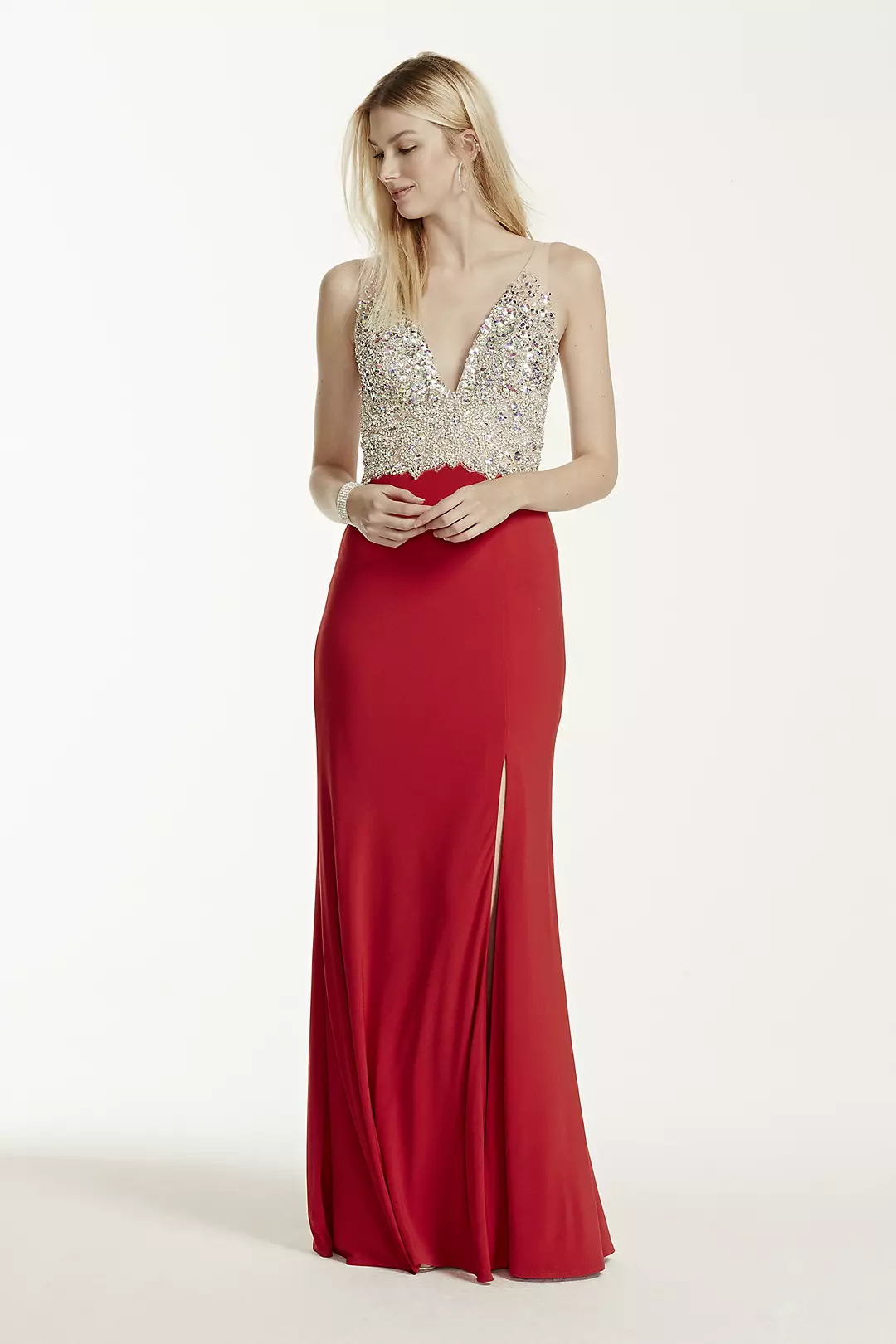 Heavily Beaded Bodice Plunge Neckline Jersey Dress - Image 4