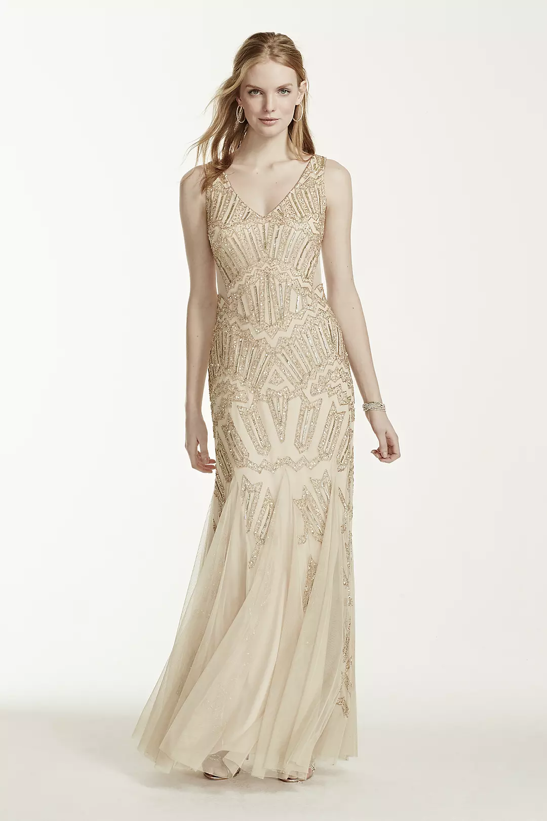 Heavily Beaded Deep V Tank Dress with Godet Skirt - Image 2
