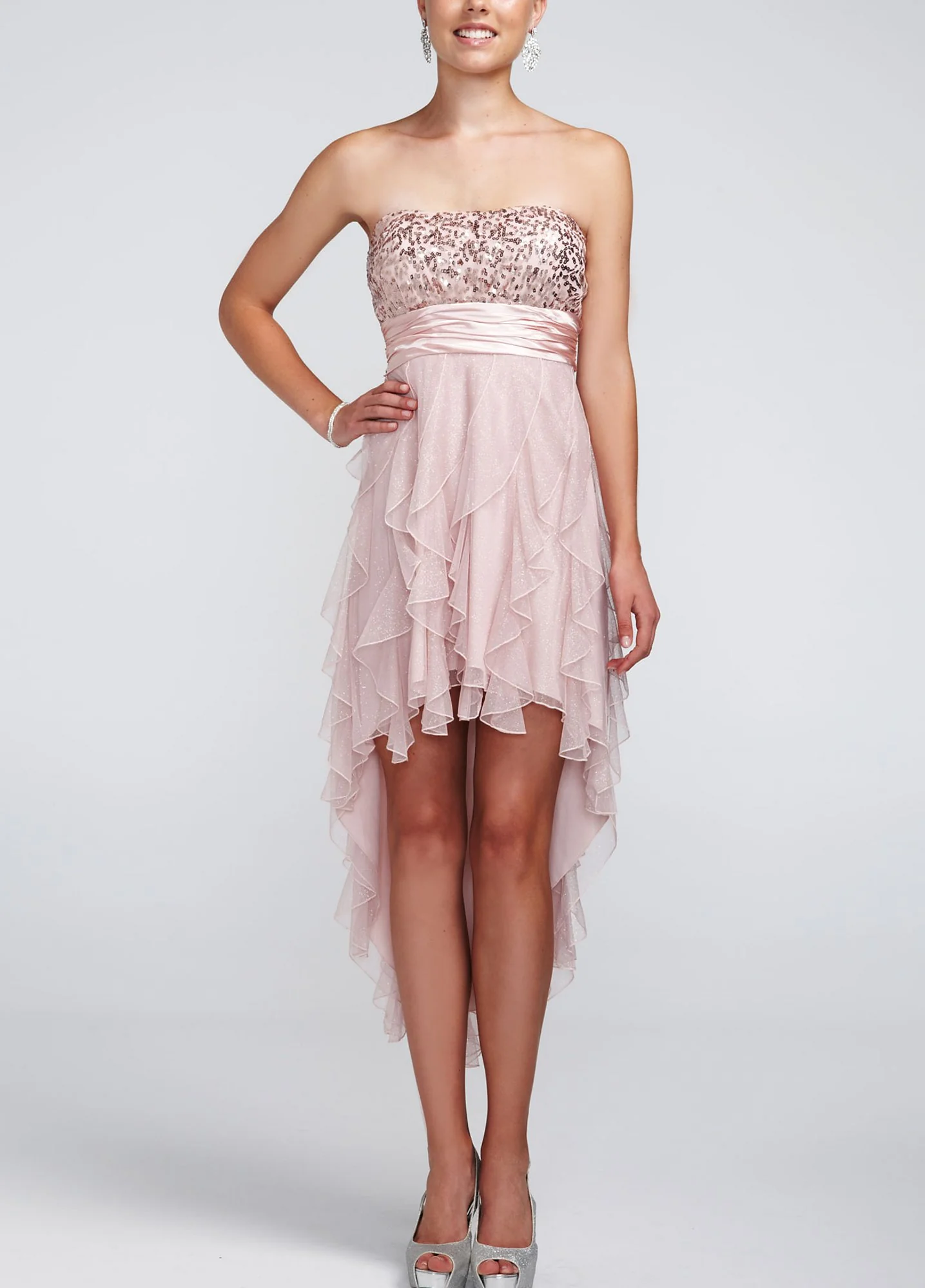 High Low Glitter Mesh Dress with Sequin Bust