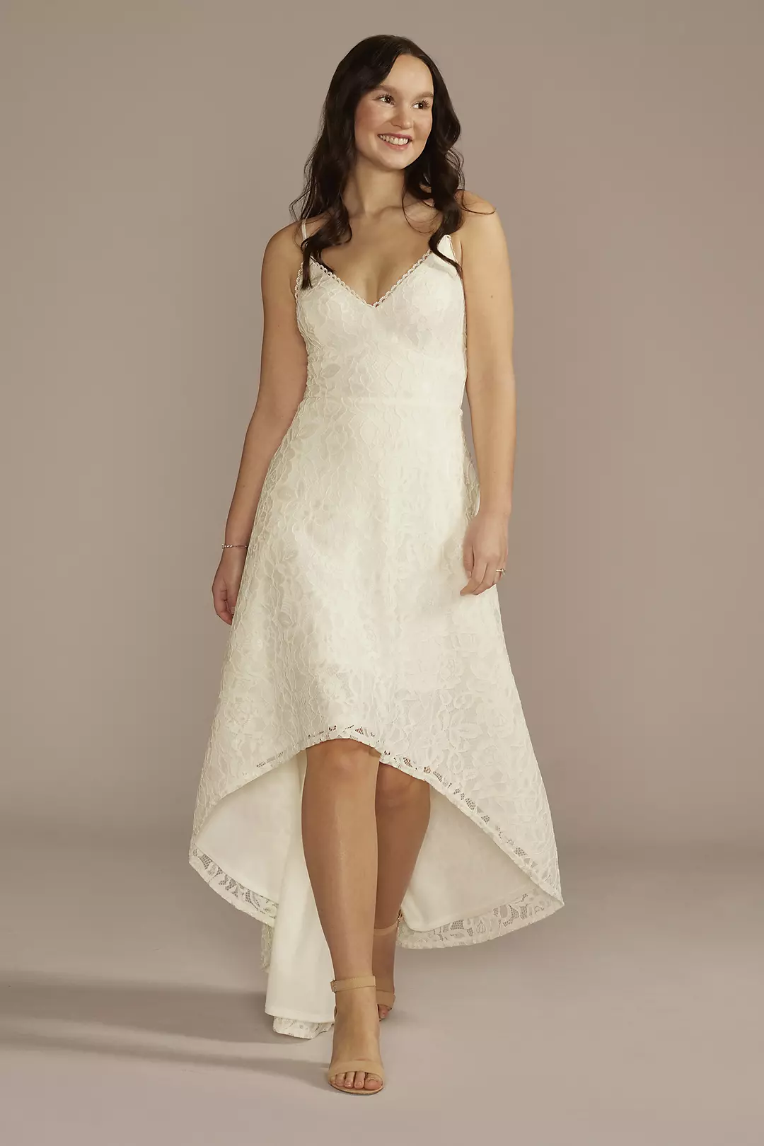 High-Low Lace Spaghetti Strap V-Neck Wedding Dress - Image 11