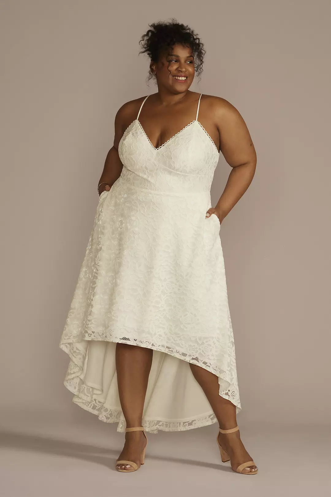 High-Low Lace Spaghetti Strap V-Neck Wedding Dress - Image 12
