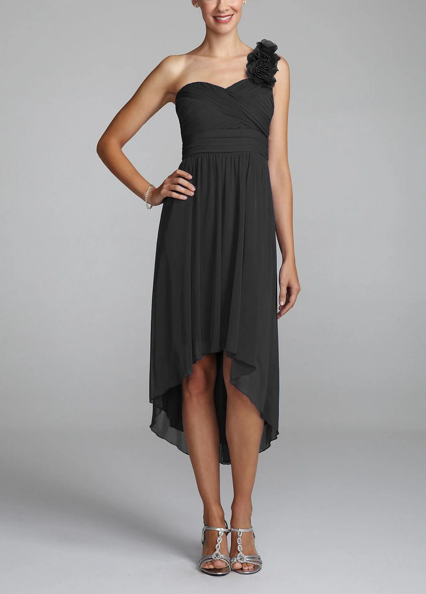 High-Low Mesh Dress with Floral One-Shoulder - Image 2